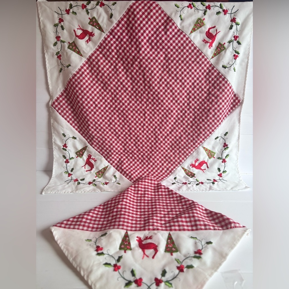 Handmade Embroidered Christmas Table Toppers 32x32 Set of 2